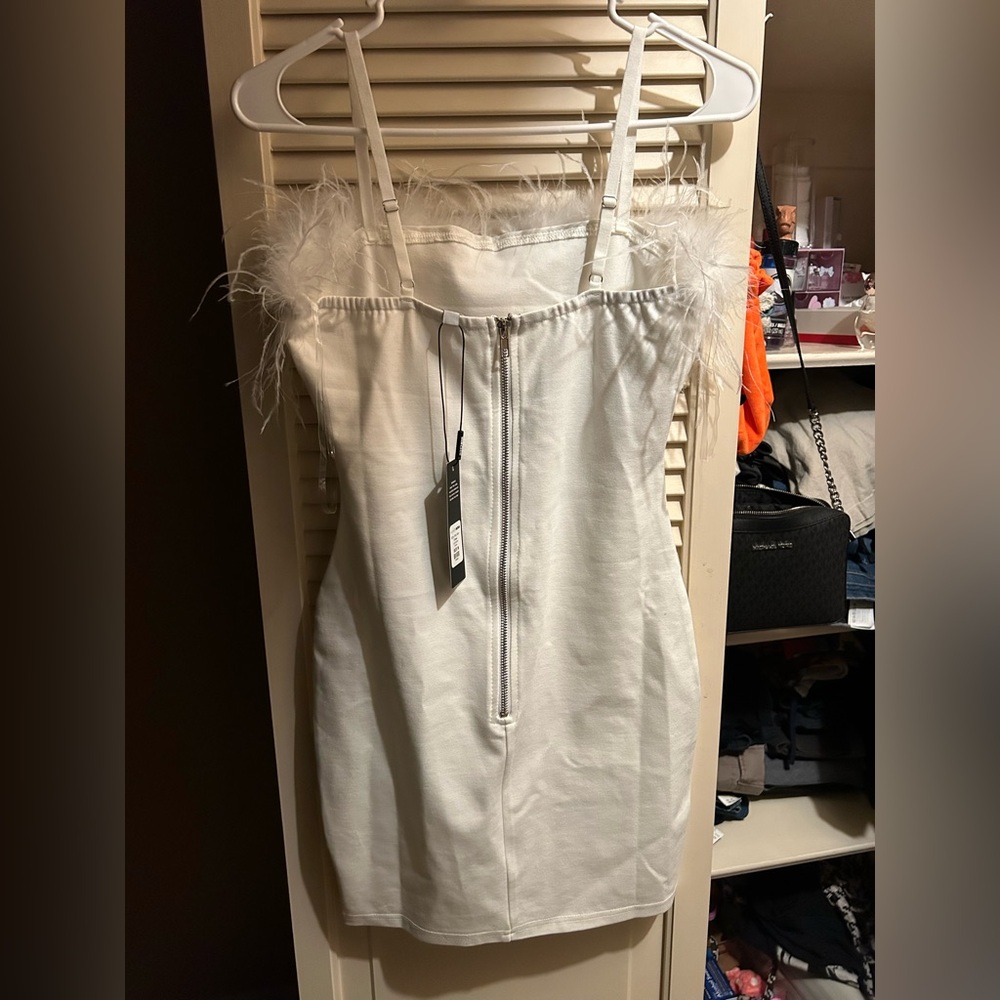 Fashion Nova White Feather Trim Mini Dress
